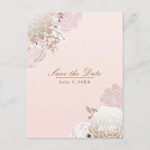 Vintage moderne roze & gouden bloemensave the date aankondigingskaart