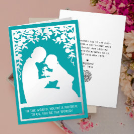 Vintage Moeder En Kind Roos Turquoise Bloem Folie Feestdagenkaart