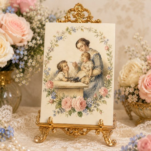 Vintage Moeder en Kind Rozen Bloemstuk Kaart