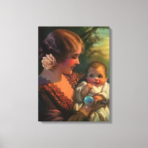 Vintage Moederdag Portret, Moeder en Baby Canvas Afdruk