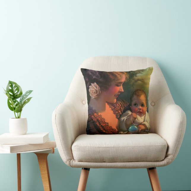 Vintage Moederdag Portret, Moeder en Baby Kussen (Stoel)