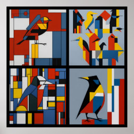 vintage mondrian style birds 4/4 all in one poster