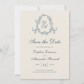 Vintage Monogram Blauwe Bloemen Save The Date (Voorkant)