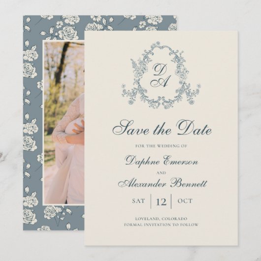 Vintage Monogram Blauwe Bloemen Save The Date (Voorkant / Achterkant)