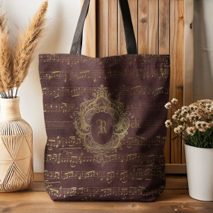 Vintage Monogram Crest Bladmuziek Burgundyrood Gou Tote Bag
