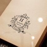 Vintage Monogram Crest Ex Libris Naam Boek Met Eig Zelfinktende Stempel<br><div class="desc">Zelfinktamponontwerp met een vintage stijl wapen met uw aangepaste monogram en naam in klassieke schreef typografie. Het sierlijke frame is omgeven door een bloemstuk van rozen en botanische bladeren. Onder het wapen is er een lintachtige rol of banner met "Ex Libris" gebogen langs de binnenkant. Perfect voor een persoonlijke of...</div>