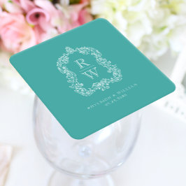 Vintage Monogram Crest Names Turquoise Wedding Kartonnen Onderzetters