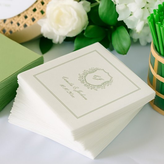 Vintage Monogram Crest Saliegroen Huwelijk Servet