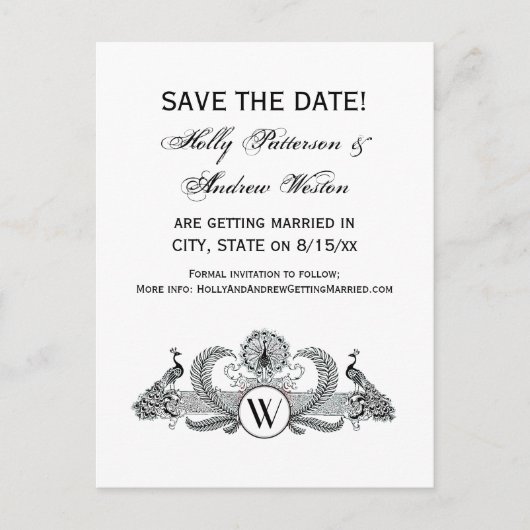 Vintage Monogram met Pauwen Aankondigingskaart (Voorkant)