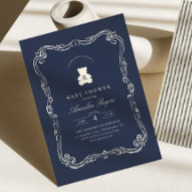 Vintage Monogram Navyblauwe Teddibeer Baby Shower