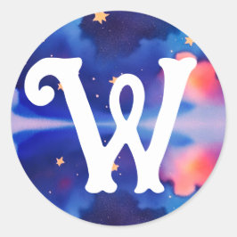 Vintage Monogram Op Blauwe Waterverf Hemel Sterren Ronde Sticker