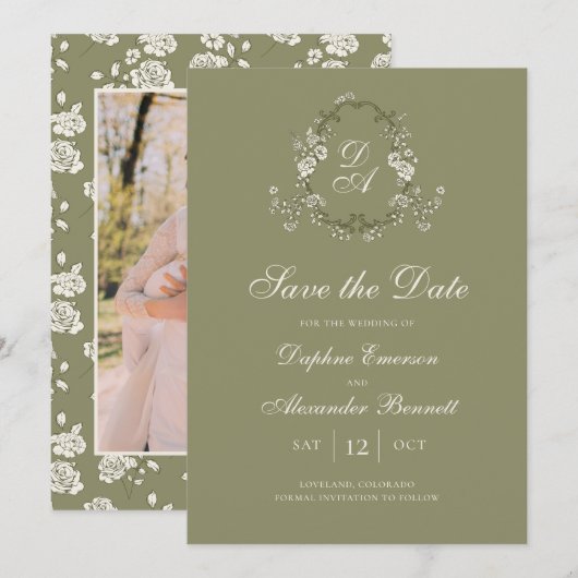 Vintage Monogram Sage Groene Botanische Save The Date (Voorkant / Achterkant)