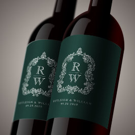 Vintage Monogram Wapen Huwelijk Bosgroen Wijn Etiket