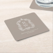 Vintage Monogram Wapen Initialen Taupe Bruiloft Kartonnen Onderzetters (Schuin)