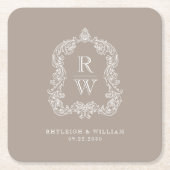 Vintage Monogram Wapen Initialen Taupe Bruiloft Kartonnen Onderzetters (Voorkant)
