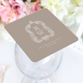 Vintage Monogram Wapen Initialen Taupe Bruiloft Kartonnen Onderzetters