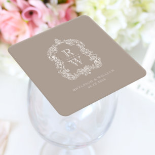 Vintage Monogram Wapen Initialen Taupe Bruiloft Kartonnen Onderzetters