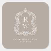 Vintage Monogram Wapen Initialen Taupe Bruiloft Vierkante Sticker (Voorkant)