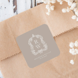 Vintage Monogram Wapen Initialen Taupe Bruiloft Vierkante Sticker