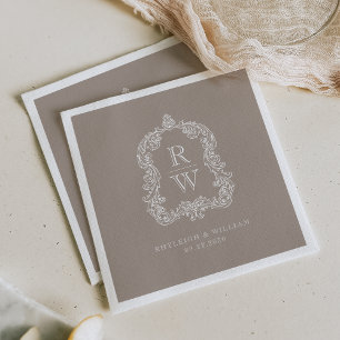 Vintage Monogram Wapen Namen Taupe Bruiloft Servet