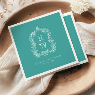 Vintage Monogram Wapen Namen Turquoise Bruiloft Servet