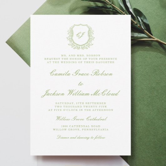 Vintage Monogram Wapen Wit en Groen Huwelijk Kaart