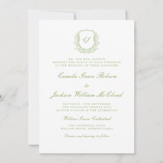 Vintage Monogram Wapen Wit en Groen Huwelijk Kaart (Voorkant)