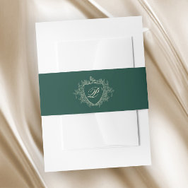 Vintage monogram wapenembleem smaragdgroene trouw uitnodigingen wikkel