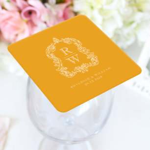 Vintage Monogram Wapenschild Goudsbloem Geel Bruil Kartonnen Onderzetters