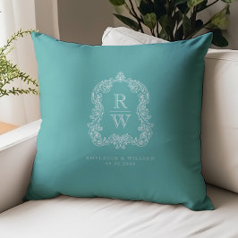 Vintage Monogram Wapenschild Namen Turquoise Trouw Kussen