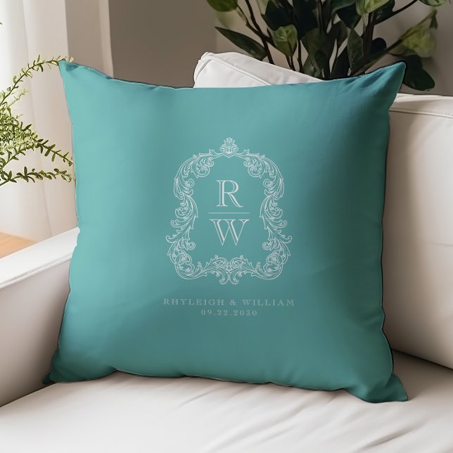 Vintage Monogram Wapenschild Namen Turquoise Trouw Kussen (Creator heeft geüpload)