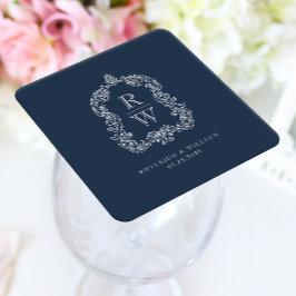 Vintage Monogram Wapenstempel Namen Navy Blauwe Tr Kartonnen Onderzetters