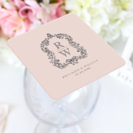 Vintage Monogram Wapenstempel Namen Roze Trouwdag Kartonnen Onderzetters