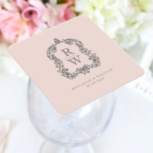 Vintage Monogram Wapenstempel Namen Roze Trouwdag Kartonnen Onderzetters