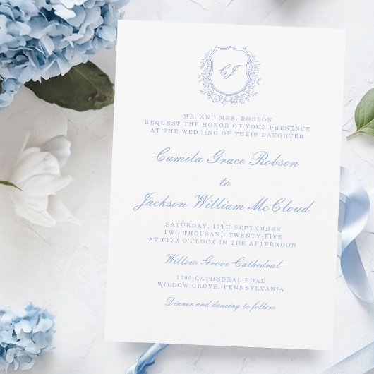 Vintage Monogram White and Dusty Blue Wedding  Kaart