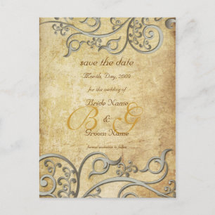 Vintage, monogram zilveren wervelingen/lila aankondigingskaart