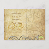 Vintage, monogram zilveren wervelingen/lila aankondigingskaart (Achterkant)