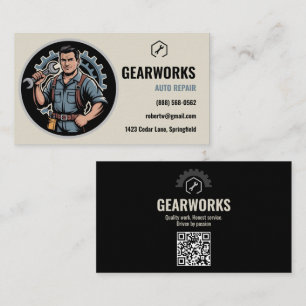 Vintage monteur mascotte QR-code autowerkplaats Visitekaartje