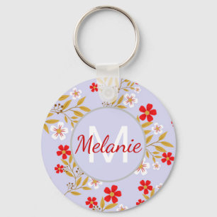 Vintage Mooi Rood Bloemenpatroon Persoonlijk Sleutelhanger