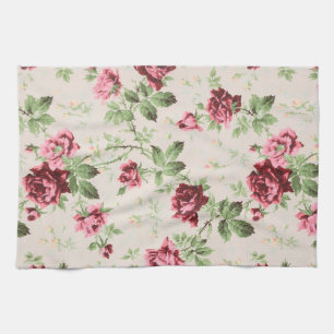 Vintage mooie rode en roze rozen bloemmotief theedoek