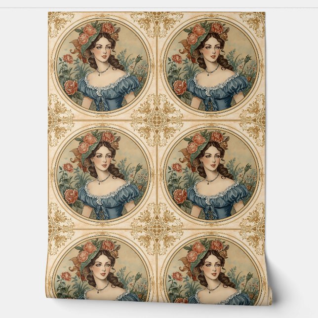 Vintage, mooie vrouwen in de bloementuin behang (Afrollen)