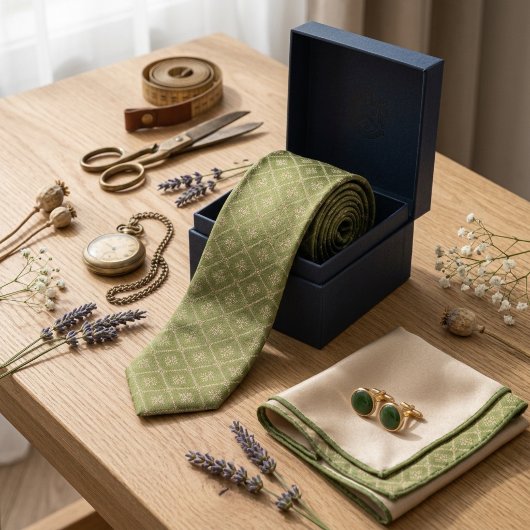 Vintage mosgroene en champagne heritage jacquard stropdas