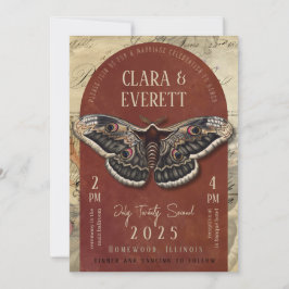 Vintage Moth Wedding Invitation with Rustic Arch Kaart