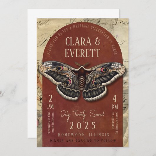 Vintage Moth Wedding Invitation with Rustic Arch Kaart (Voorkant / Achterkant)