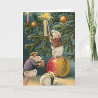 Vintage muizen die Kerstmisboom aansteken Feestdagen Kaart