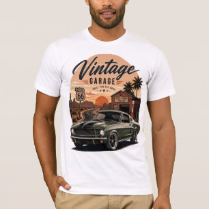 Vintage Mustang Route 66 Garage Zonsondergang Graf T-shirt