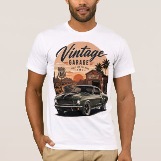 Vintage Mustang Route 66 Garage Zonsondergang Graf T-shirt