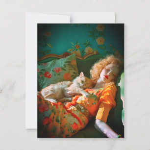 Vintage Muur Kunst van Vrouw en Kat – Romantische  Briefkaart