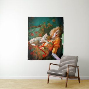 Vintage Muur Kunst van Vrouw en Kat – Romantische Wandkleed