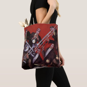 Vintage muziek, Art Deco muzikale jazzband jamming Tote Bag